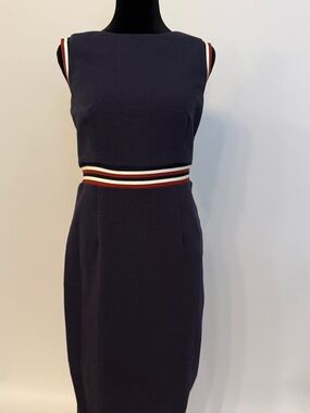 Boden Navy Midi Sheath Dress with Red-White Striped Waist